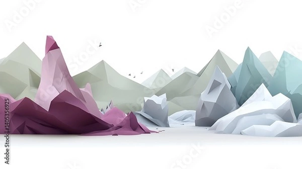 Fototapeta Geometric mountain range landscape, rendered in pastel shades.