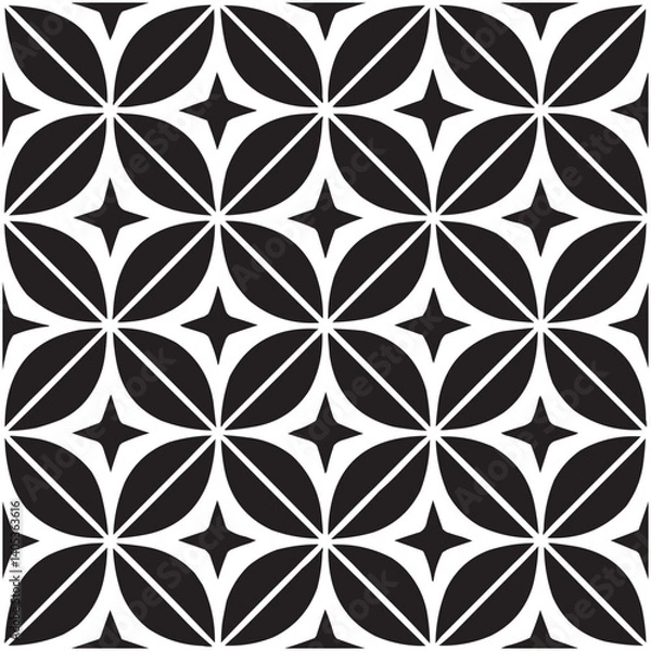 Fototapeta Geometric Floral Tile Pattern. Seamless Black and White Abstract Background, Vector geometric monochrome seamless pattern with curved shapes