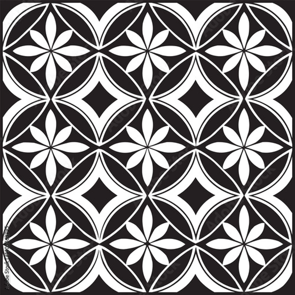 Fototapeta Geometric Floral Tile Pattern. Seamless Black and White Abstract Background, Vector geometric monochrome seamless pattern with curved shapes