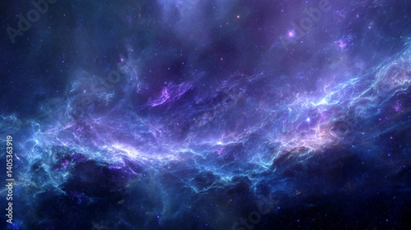 Fototapeta Blue and purple nebula texture, cosmic cloudscape with stars, depicting a vast and mysterious space scene, symbolizing the infinite universe, perfect for fantasy or science fiction concepts