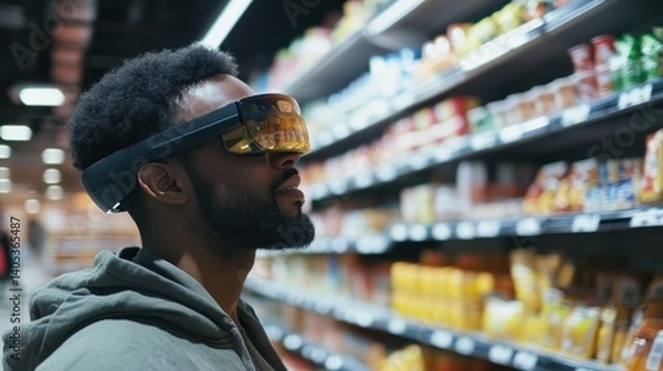 Obraz Man explores supermarket with augmented reality glasses for enhanced shopping