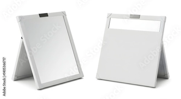 Fototapeta Two white framed mirrors standing side by side on a white surface in a studio setting with clean lines