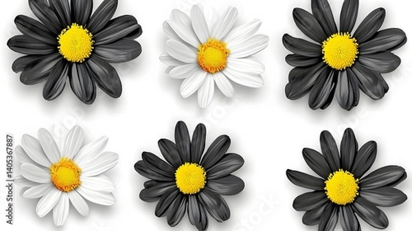 Fototapeta Assorted Black And White Daisies With Yellow Centers On A Clean White Background