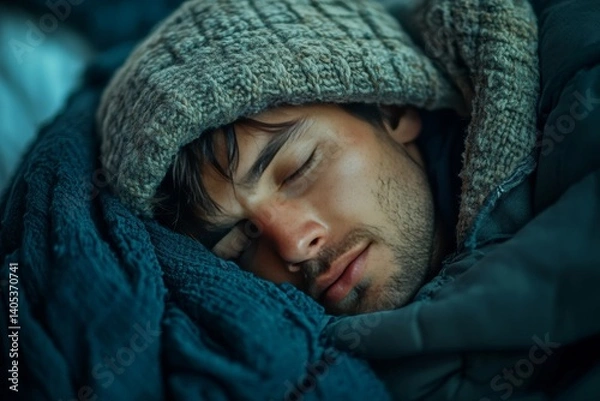 Obraz a peaceful man sleeping in a cozy blanket and hat