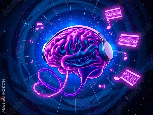 Fototapeta Psychedelic Brain with Floating Sheet Music Canvas

