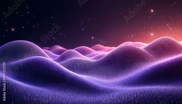 Obraz An abstract, digitally rendered landscape with flowing, purple dotted waves under a starry sky.