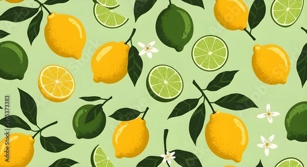 Fototapeta Cheerful illustration of lemons and limes creating a bright, seamless fruit pattern on a light green background.