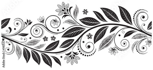 Obraz Floral Swirl Border Vector. Ornamental Black and White Botanical Design for Decoration & Print