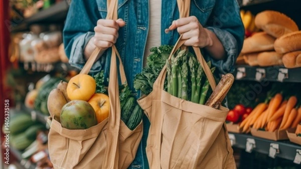 Obraz a person carrying eco bags filled with bread, fruits, and vegetables, embracing a conscious and healthy lifestyle