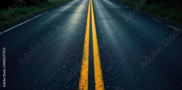Fototapeta Dark asphalt highway with yellow lines, faded road markings , traffic, background