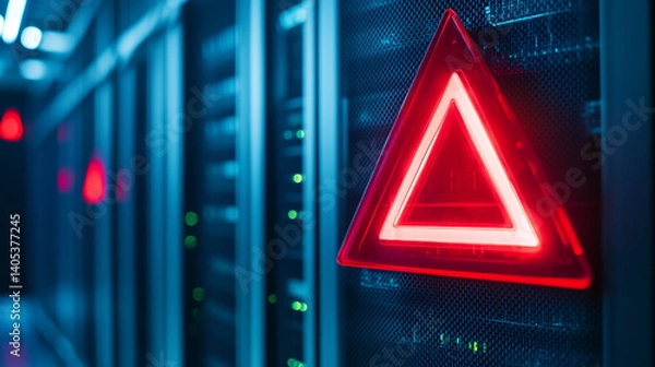 Obraz Red triangle warning in server room symbolizes danger alert, danger alert in business production building, ai generated