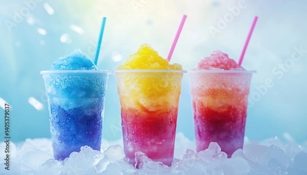 Obraz Close-Up Still Life Of Vibrant Rainbow Frozen Fruit Slush Drinks In Takeaway Cups On Ice-Covered Surface - Trio Of Refreshing Granitas