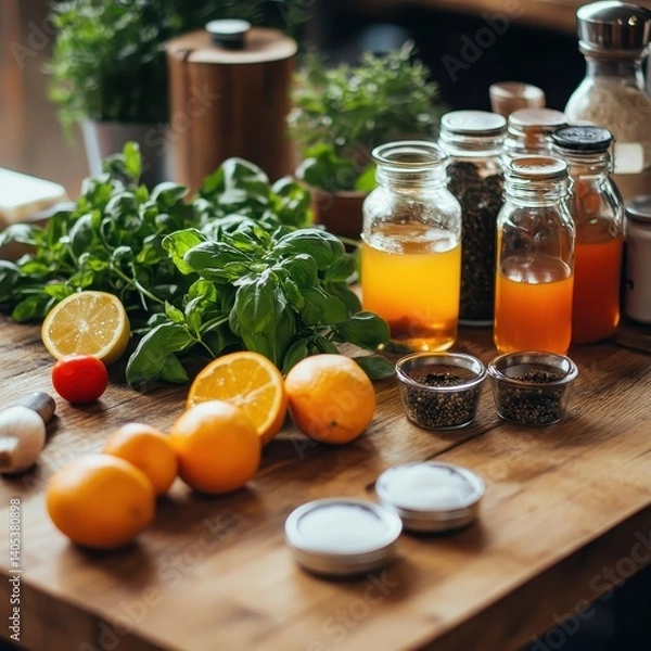 Fototapeta Fresh ingredients on a wooden table
