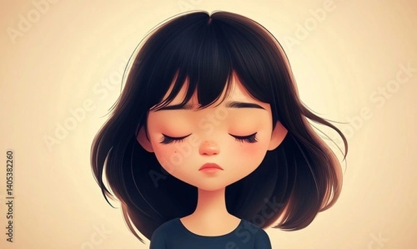 Fototapeta A young girl with closed eyes, portrayed in a simple and intimate illustration. The soft, gentle colors and the girl's peaceful expression create a sense of quiet contemplation.