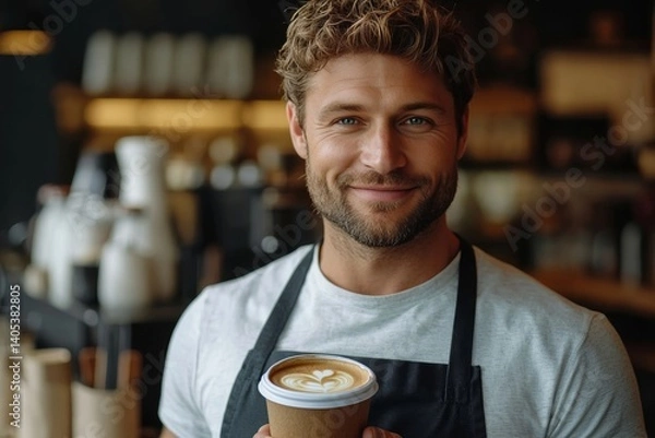 Fototapeta A friendly barista with a warm smile holds a takeaway cup of coffee, radiating positive energy and creating a welcoming atmosphere in a cozy cafe.