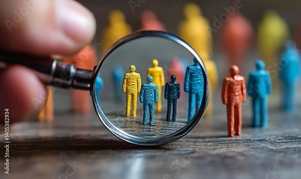 Fototapeta A magnifying glass zooms in on a diverse group of miniature figurines, examining their unique forms and emphasizing individuality.