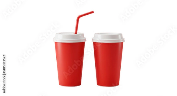 Fototapeta Two red cups with white lids one with a red straw on a black background in a studio shot