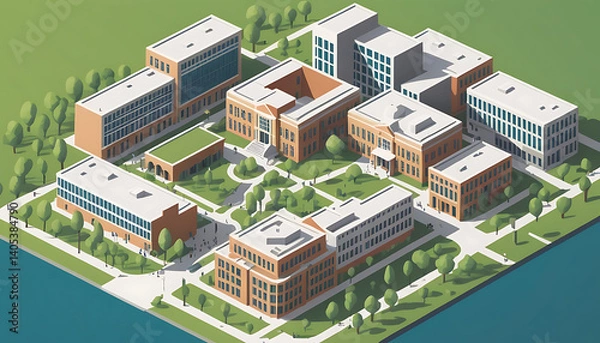 Fototapeta Isometric Campus: Brick Buildings, Green Spaces, and Waterway.