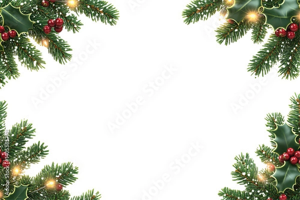 Obraz Festive frame with evergreen sprigs, holly leaves, red berries, and soft lights on a transparent background