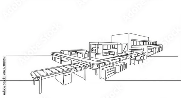 Fototapeta Minimalist single line drawing of a manufacturing facility featuring a conveyor belt system
