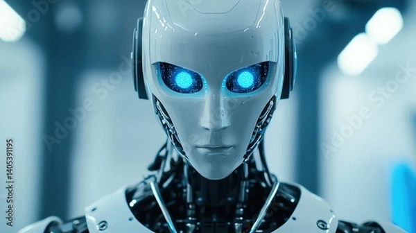 Fototapeta Futuristic robot design technology lab digital art high-tech environment close-up view ai innovation