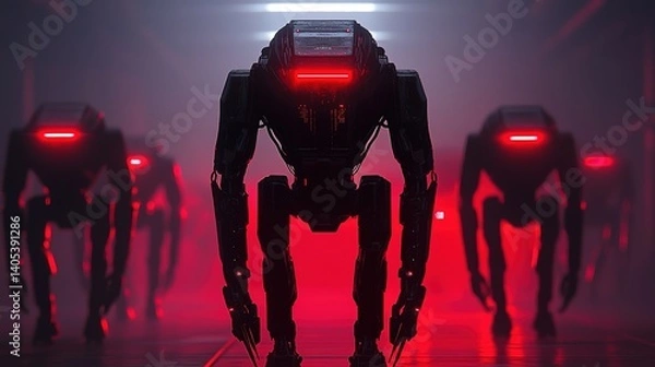 Obraz Futuristic robot army industrial facility digital artwork dark atmosphere low angle sci-fi concept