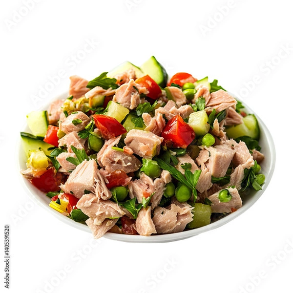 Fototapeta side angle of tuna salad with avocado and cherry tomatoes

