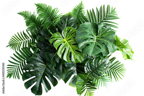 Obraz Lush greenery Monstera leaves and ferns intertwine, a vibrant tapestry of tropical foliage against a stark background