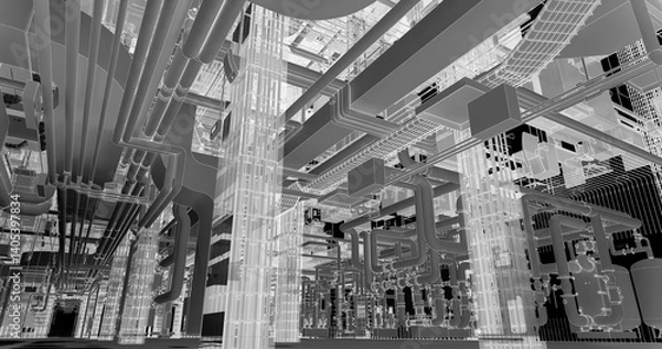 Fototapeta Conceptual visualization of drawing style of utilities at BIM technology