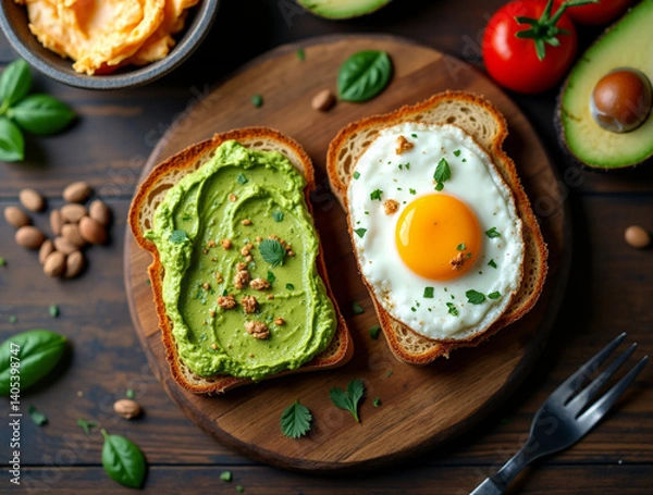 Obraz Healthy avocado toasts for breakfast with rye bread, avocado puree toast and fried eggs on wooden table