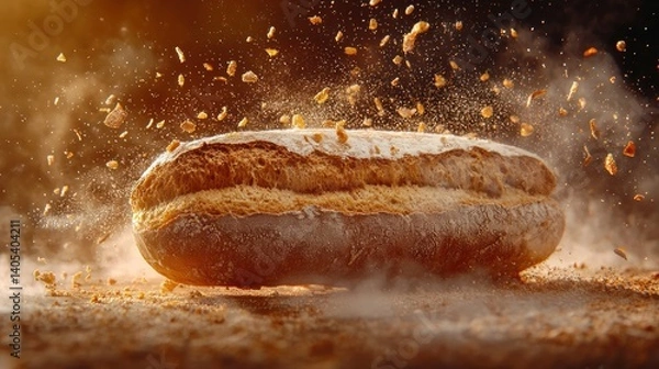 Fototapeta Crusty bread explodes in a cloud of flour and crumbs