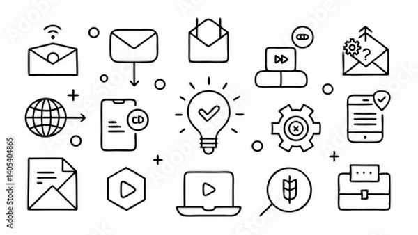 Fototapeta Modern collection of outline icons representing digital marketing strategies like email SEO advertising and audience engagement
