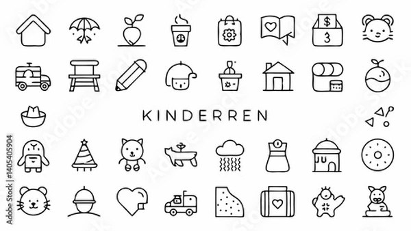 Fototapeta Add creative flair to educational designs with this set of kindergarten-themed outline icons covering learning tools, playtime activities, and classroom essentials