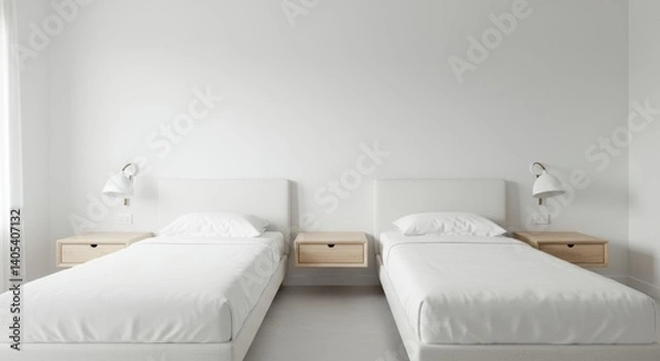 Fototapeta Serene twin bedroom with minimalist design and clean white aesthetic evoking tranquility