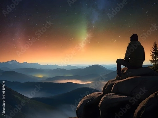 Obraz man sitting on the top of the mountain