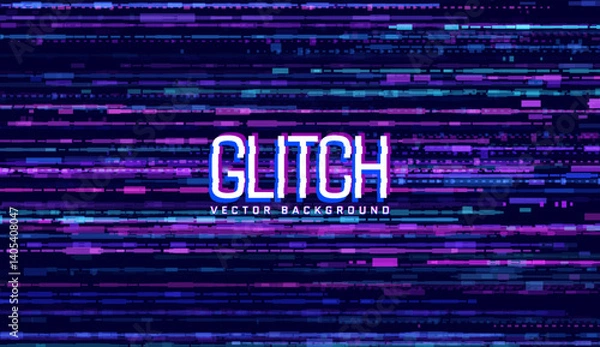 Fototapeta Wide glitch banner with trendy purple pixel lines, vibrant cyberpunk vector for web design.