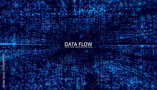 Fototapeta Futuristic 3D wireframe square tunnel with trendy big data grid, vibrant vector on blue backdrop.
