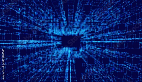Fototapeta Cyber square tunnel with trendy glowing points, vibrant infinite vector for futuristic data transfer.