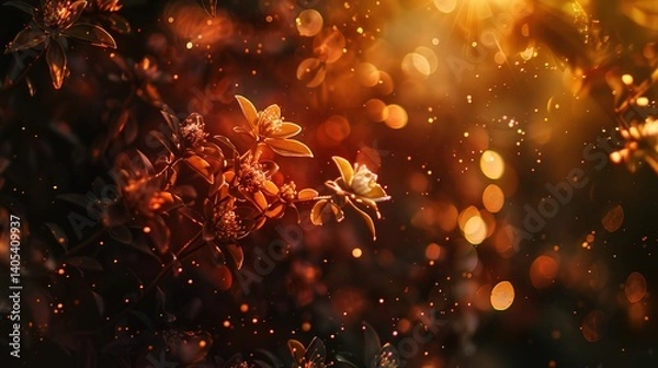 Fototapeta Golden Hour Floral Bokeh Background with Glowing Petals and Warm Light Particles