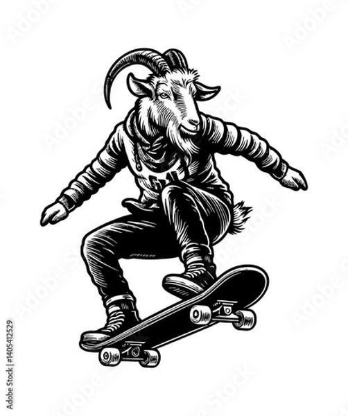 Fototapeta Cool Sheep or Goat on Skateboard Doing Freestyle Tricks in Trendy Clothing