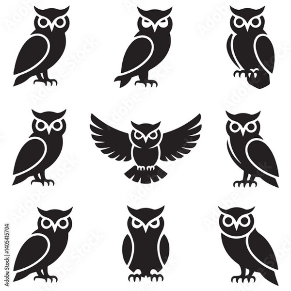 Fototapeta Owl - Vector Black silhouettes Illustration. Icon Design and Inspirational. with white background