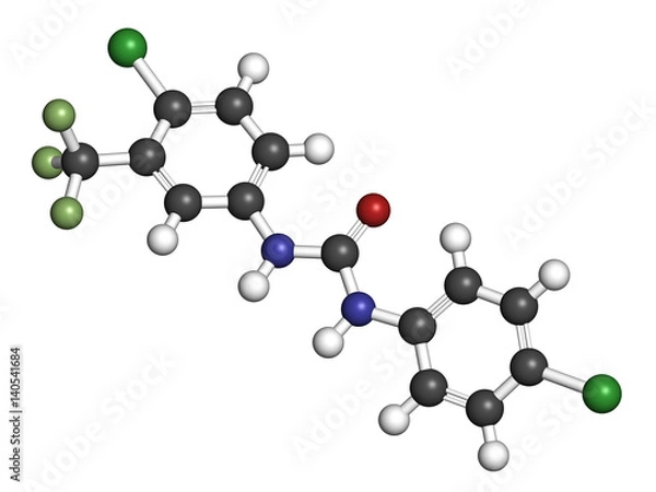 Fototapeta Cloflucarban disinfectant molecule. 3D rendering. Atoms are represented as spheres with conventional color coding.
