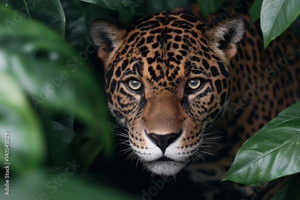 Obraz Leopard hiding in tropical foliage with intense focused eyes and spotted fur pattern visible through green leaves in wild animal jungle setting full of tension and primal beauty