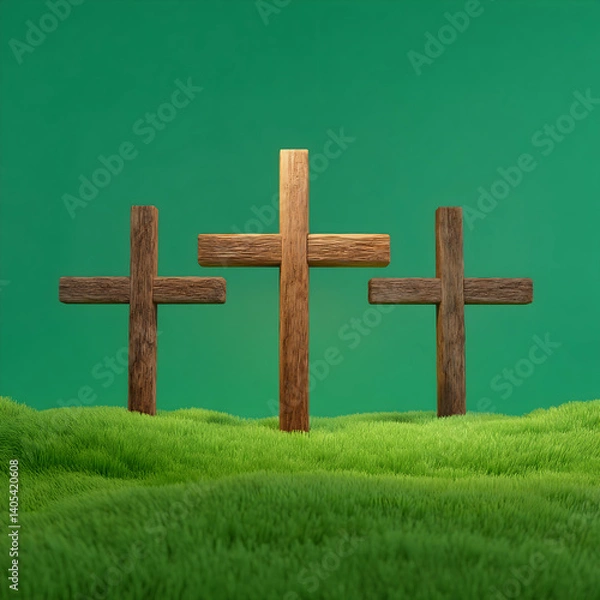 Fototapeta Three wooden crosses on grassy hill against green backdrop . Generative AI