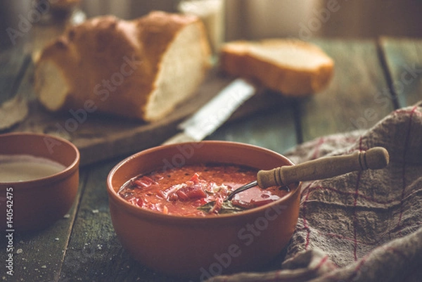 Obraz Ukrainian borsch with sour cream and bread