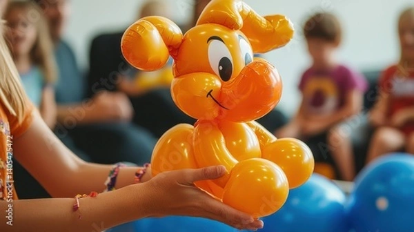 Fototapeta A girl lovingly holds a cheerful balloon animal a playful puppy crafted with bright orange balloons