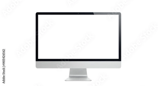 Fototapeta A minimalist computer monitor with a black screen and a silver stand isolated on black background
