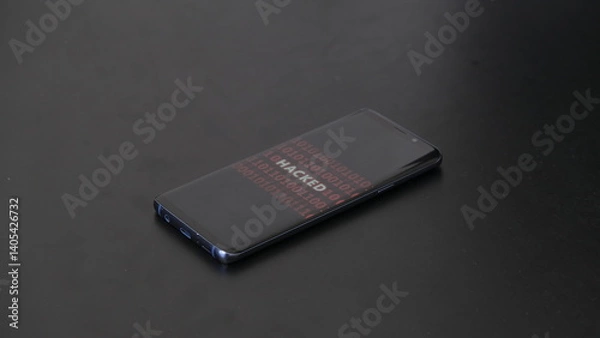 Fototapeta Smartphone screen with red binary code and "HACKED" in the center, held over a desk.
