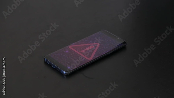 Fototapeta Smartphone screen with a red warning triangle and "WARNING" text on a black surface.