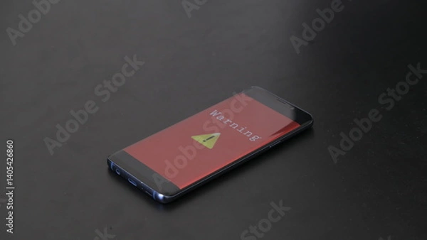 Fototapeta Smartphone screen with a red warning triangle and "WARNING" text on a black surface.
